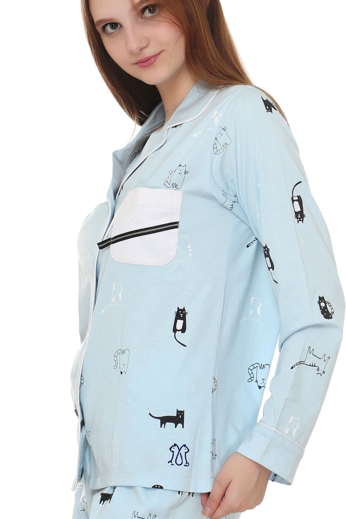 Cat Print, Sky Blue Color, Collar Nightwear With Contrast Pocket MX_CPS13