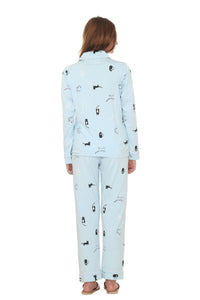 Cat Print, Sky Blue Color, Collar Nightwear With Contrast Pocket MX_CPS13