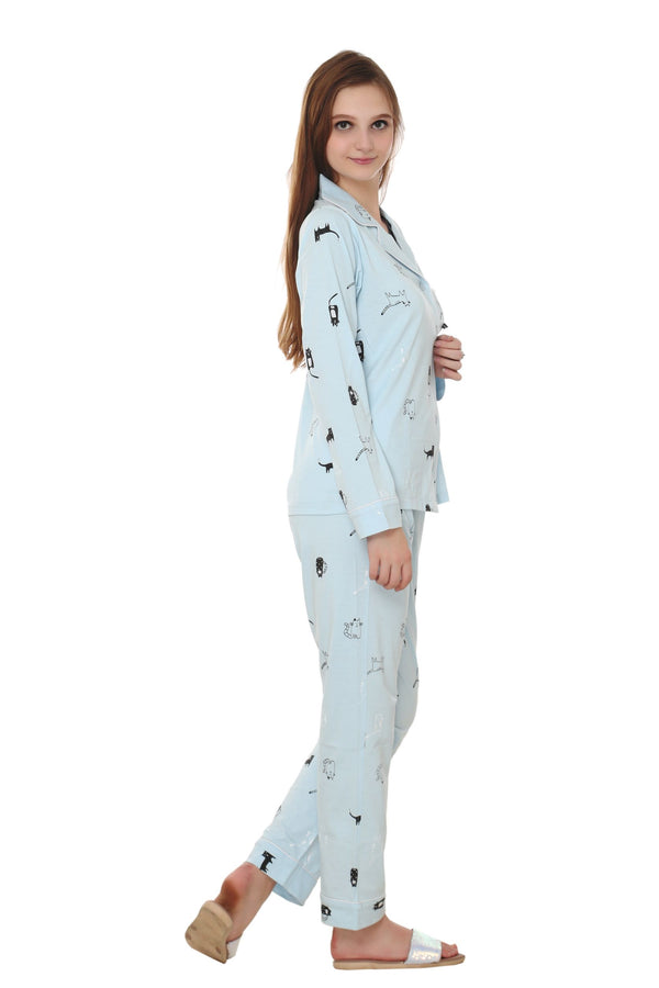 Cat Print, Sky Blue Color, Collar Nightwear With Contrast Pocket MX_CPS13