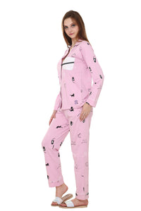 Cat Print Lavender Color, Collar Nightwear with Contrast Pocket MX_CPS13