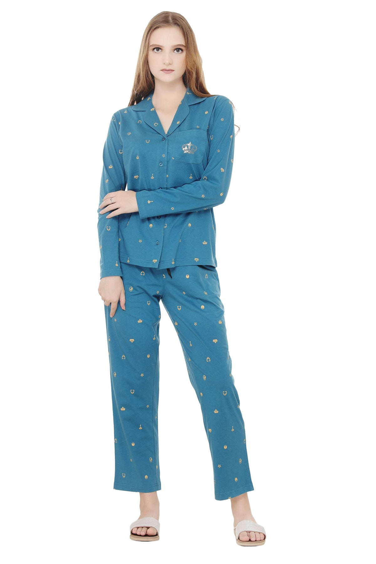 Denim blue Printed Collar Nightwear with pocket MX_FOS31