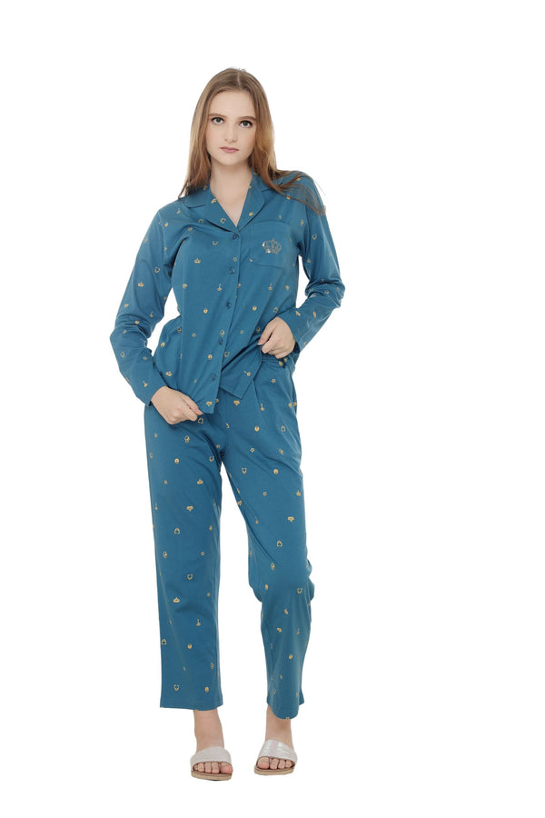 Denim blue Printed Collar Nightwear with pocket MX_FOS31