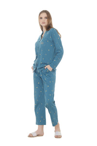 Denim blue Printed Collar Nightwear with pocket MX_FOS31