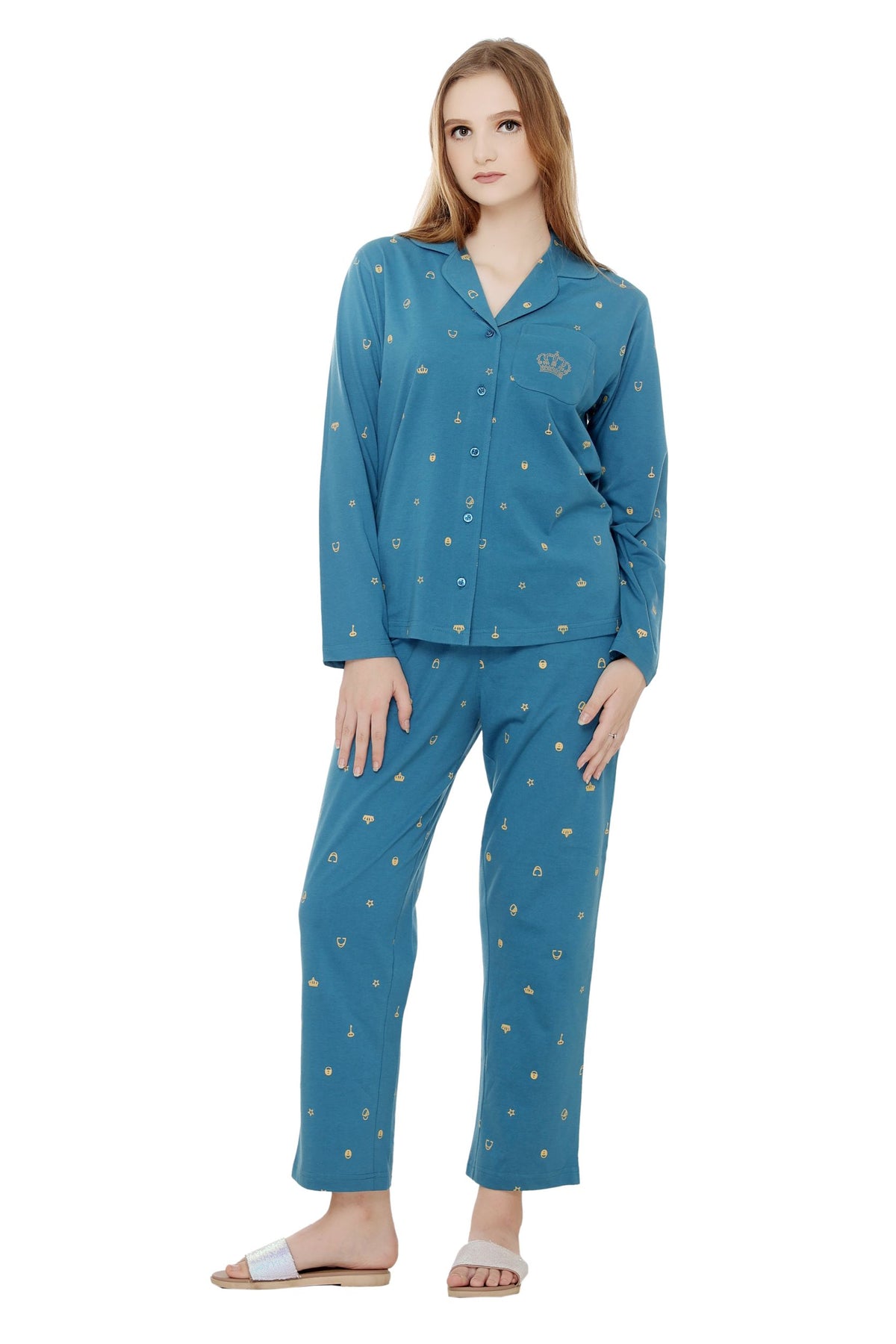 Denim blue Printed Collar Nightwear with pocket MX_FOS31