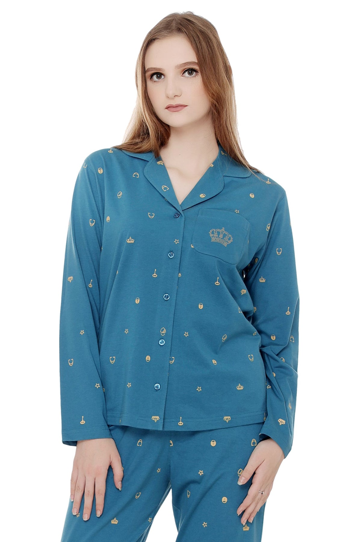 Denim blue Printed Collar Nightwear with pocket MX_FOS31