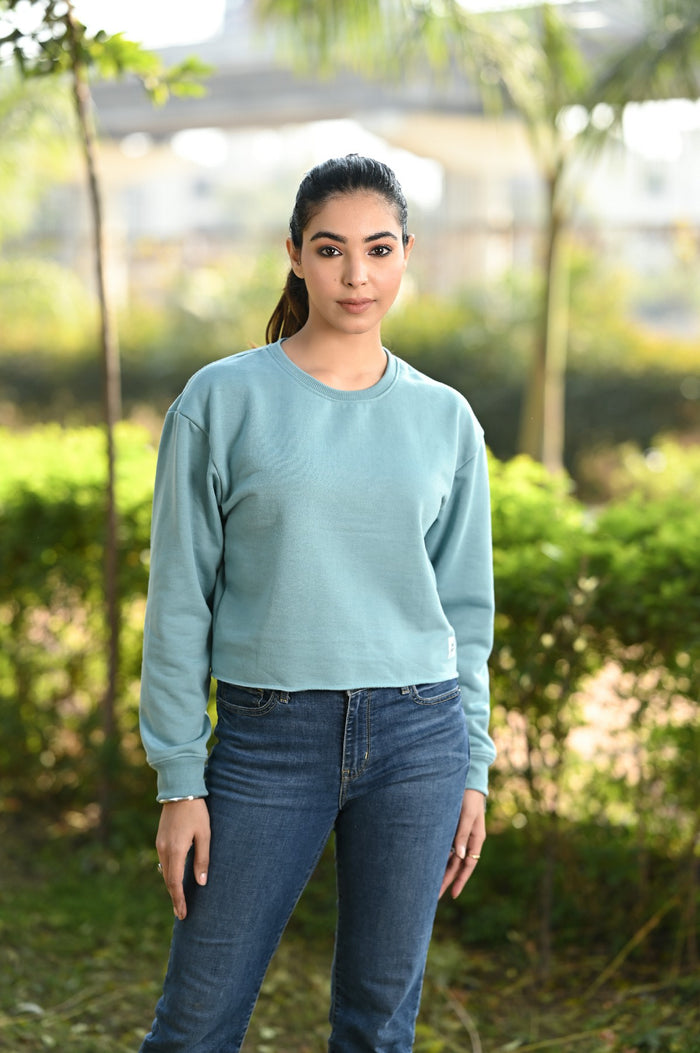 Women Crop Sweatshirt  (Aqua)
