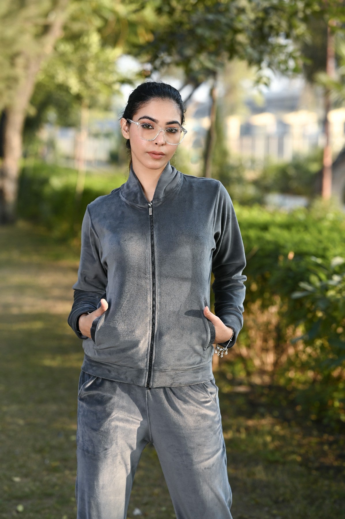 Velvet Collar Tracksuit for women With Zipper (Grey)