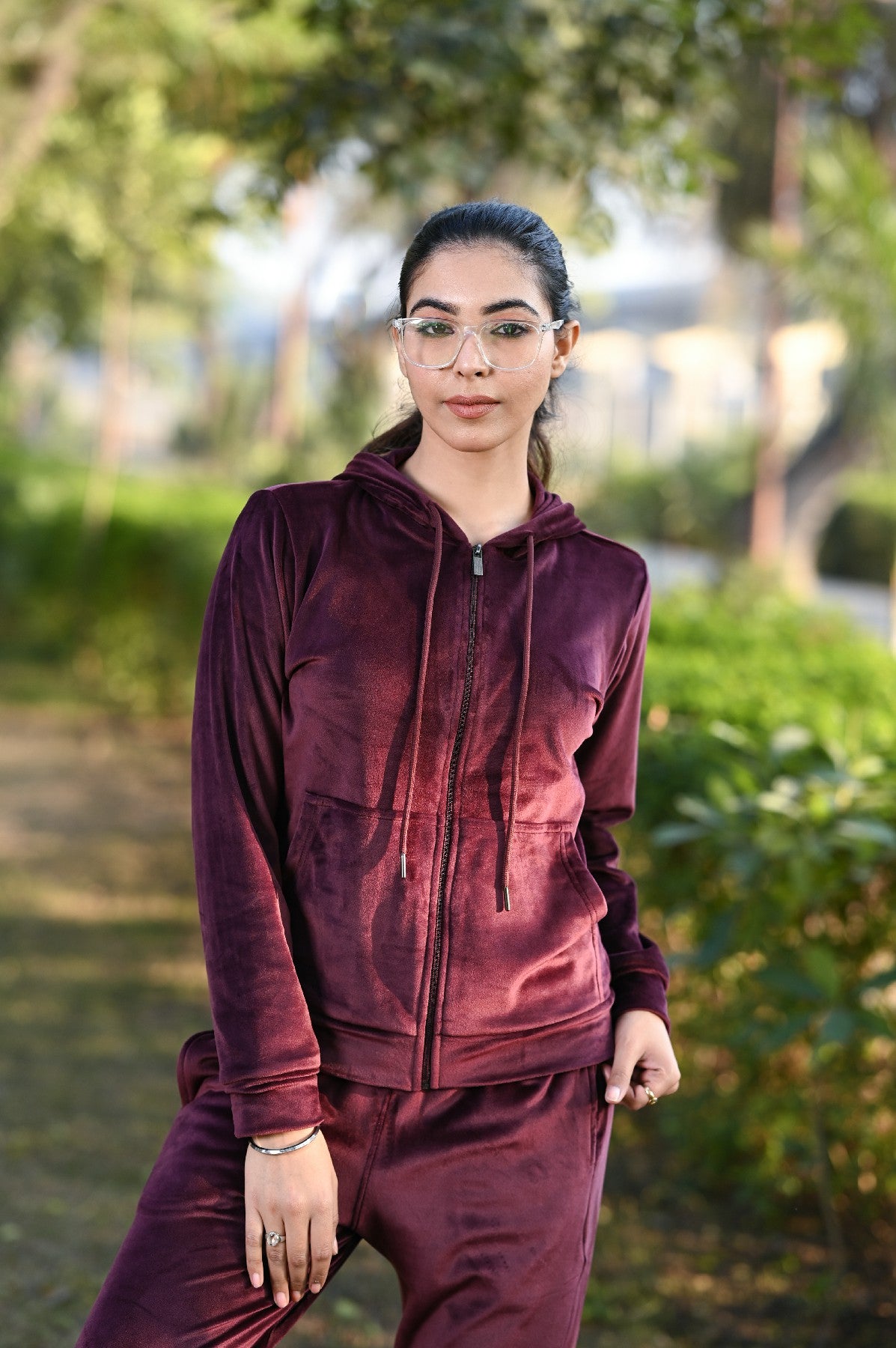 Women Tracksuit Hood And Zipper Velour/ Fleece Inside W2 Wine