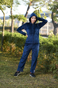 Women Tracksuit With Hood And Zipper Velour/ Fleece  Inside-W2-Navy