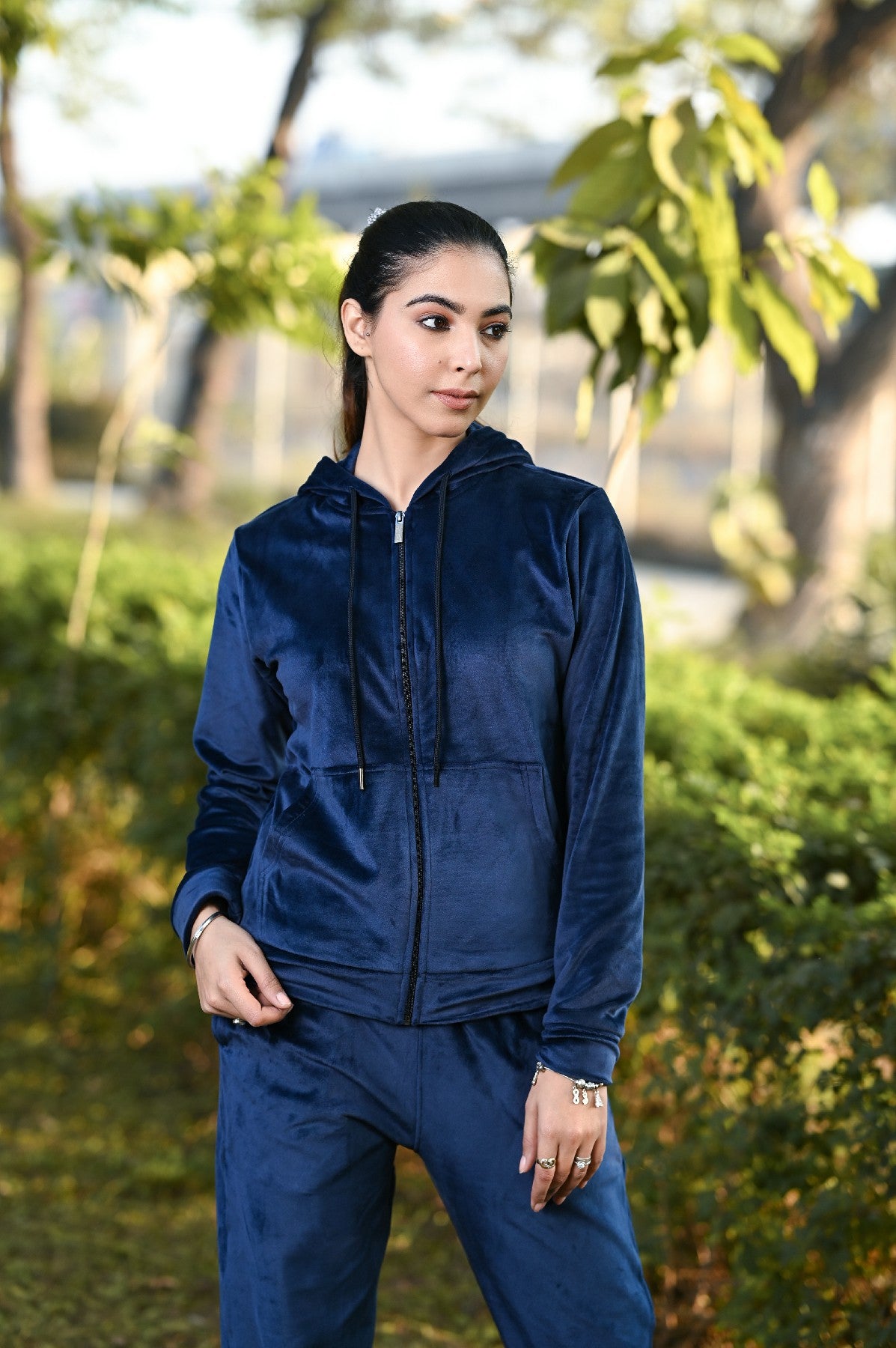 Women Tracksuit With Hood And Zipper Velour/ Fleece  Inside-W2-Navy