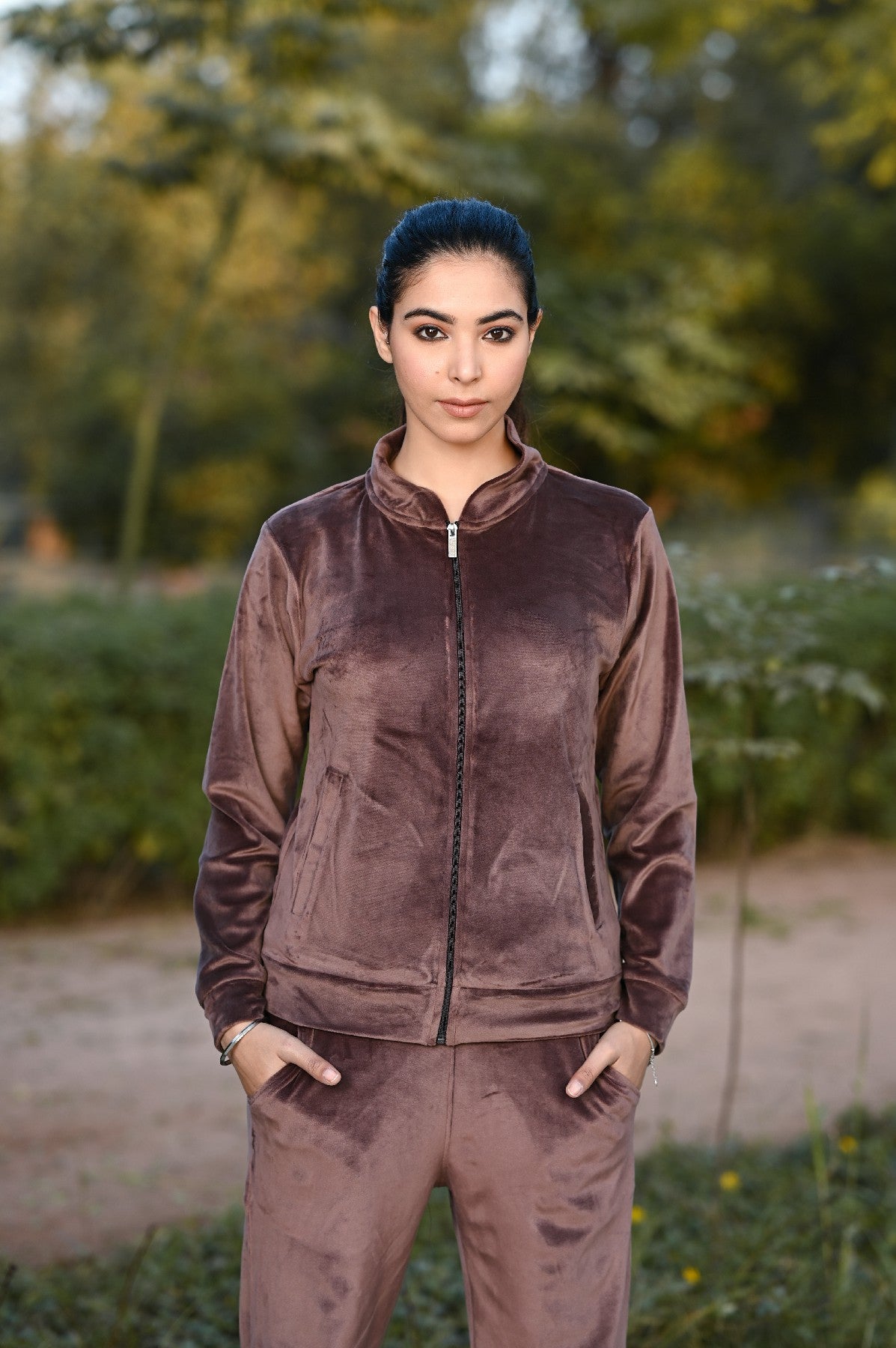 Velvet Collar Tracksuit for women With Zipper (Brown)