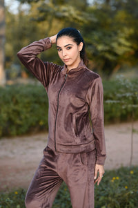 Velvet Collar Tracksuit for women With Zipper (Brown)