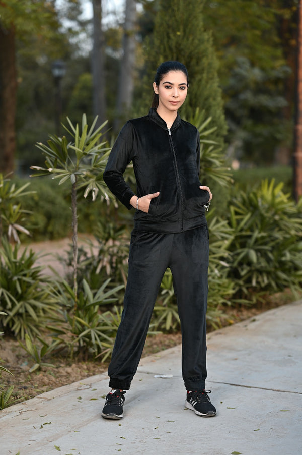 Velvet Collar Tracksuit for women With Zipper (Black)