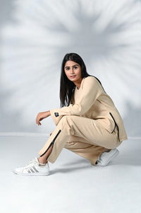 Women Tracksuit With Side Zippers 100% Cotton Fleece W11 Beige color