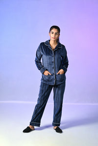 Premium Velvet collared  Nightwear - NAVY