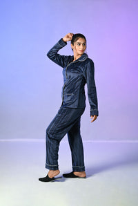 Premium Velvet collared  Nightwear - NAVY