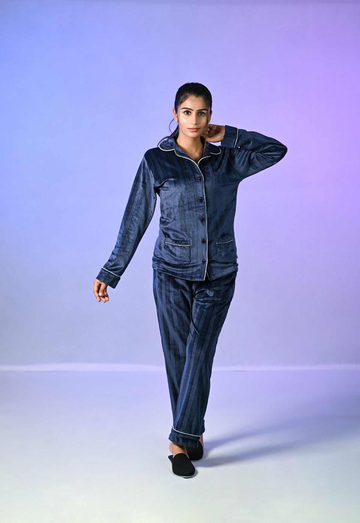 Premium Velvet collared  Nightwear - NAVY