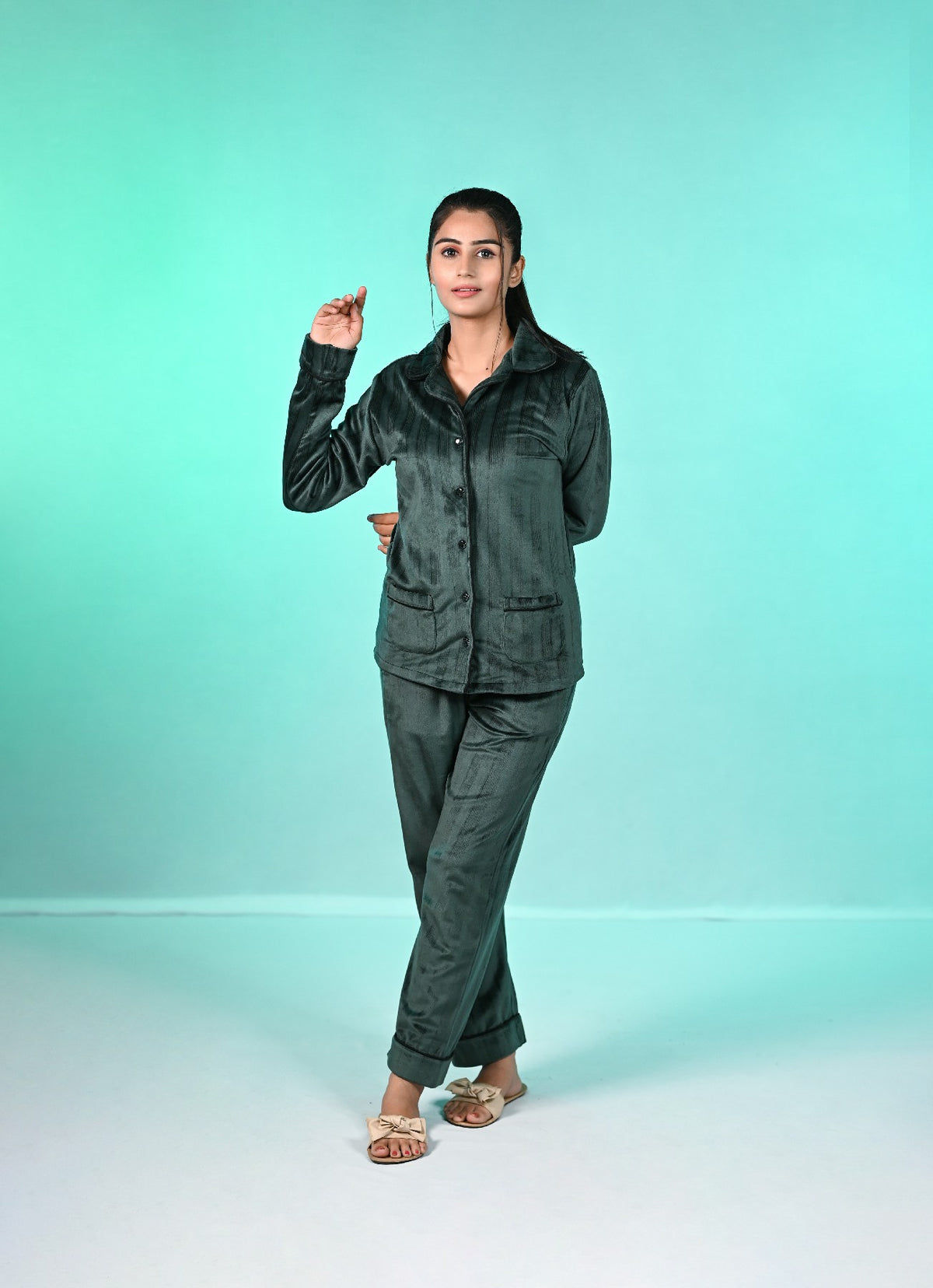 Premium Velvet Nightwear - Bottle Green